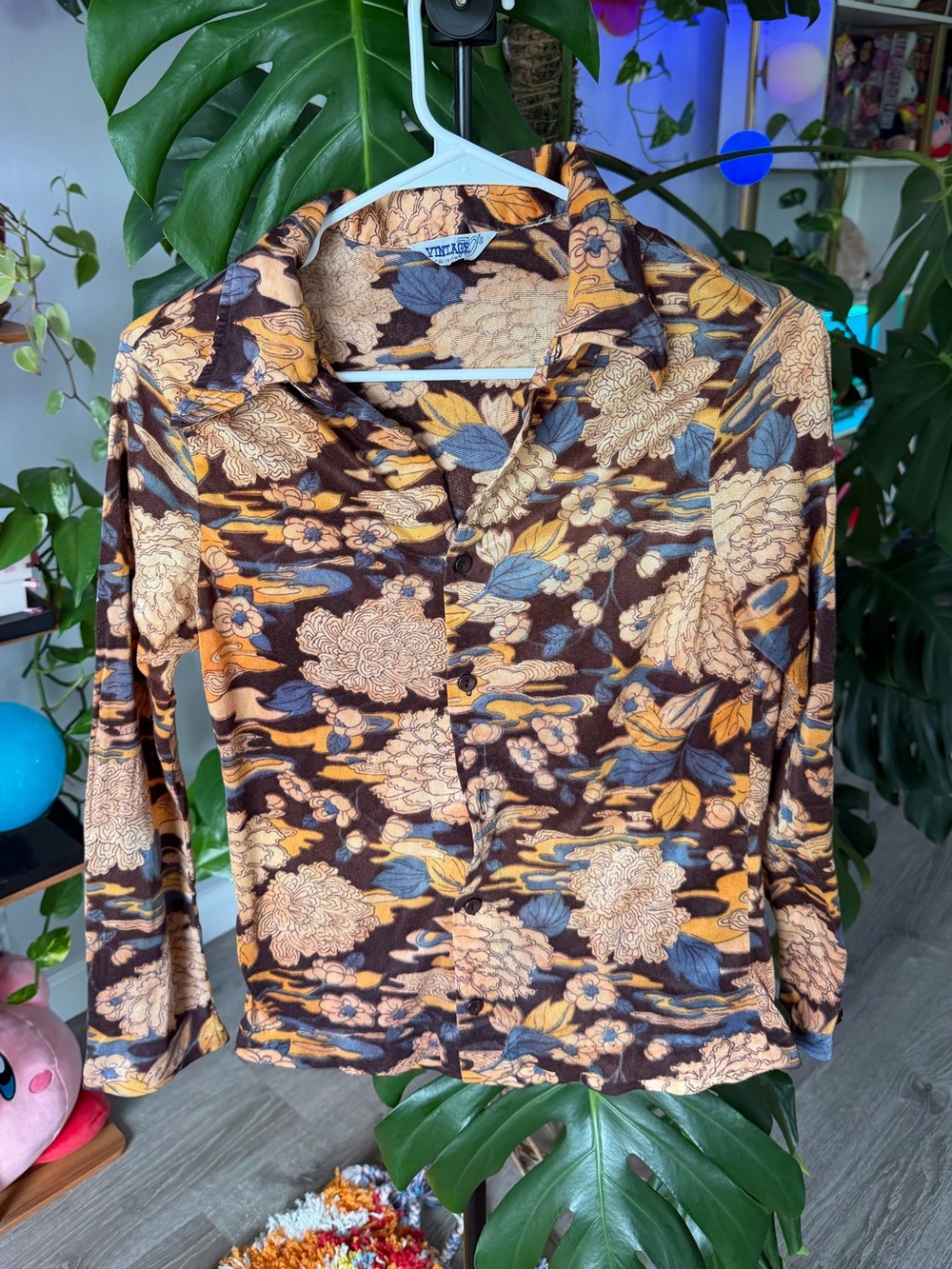 Vintage Floral Button-Down Shirt - Brown, Mustard & Blue